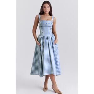 New House of CB  Vivien Regatta Blue Gingham Midi Sundress XS Fuller Cup